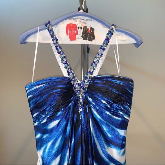 Cache Blue and White Prom Dress with Embellished Neckline - Picture 4 of 11